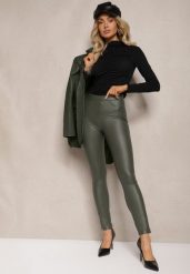 Ciemnozielone Legginsy z Imitacji Skóry High Waist Noriel. Zielone legginsy damskie Renee, bez wzorów, z jeansu. Za 39.99 zł.
