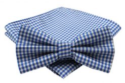 Niebieska Mucha w Drobną Kratę - ALTIES - z Taką Samą Poszetką, Męska. Niebieskie krawaty i muchy Alties, bez wzorów, eleganckie. Za 40.00 zł.