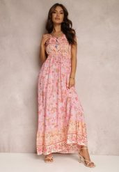 Różowa Sukienka z Wiskozy Aeroreia. Czerwone sukienki damskie Renee, na imprezę, m, z aplikacjami, z wiskozy, boho, bez kołnierzyka, bez ramiączek, maxi. Za 59.99 zł.
