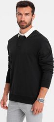 Ombre Bluza męska z białym kołnierzykiem polo - czarna V6 OM-SSNZ-0132 S. Białe bluzy męskie Ombre, m, bez wzorów, bez ramiączek, bez kaptura. Za 79.99 zł.