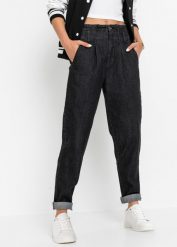 Dżinsy Mom, high waist, ze stretchem. Czarne jeansy damskie bonprix, bez wzorów, z jeansu, z podwyższonym stanem. Za 97.99 zł.