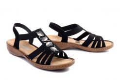 RIEKER 60875-00 black, sandały damskie. Czarne sandały damskie Rieker, bez wzorów, bez obcasa, bez zapięcia. Za 209.93 zł.
