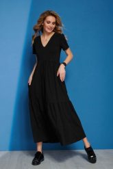 Czarna Dzianinowa Maxi Sukienka z Dekoltem V. Czarne sukienki damskie Makadamia, l, bez wzorów, z bawełny, bez kołnierzyka, bez ramiączek, maxi. Za 239.90 zł.