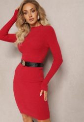 Czerwona Wełniana Sukienka Midi Prążkowana z Półgolfem Sebhatta. Czerwone sukienki damskie Renee, s, bez wzorów, prążkowane, bez kołnierzyka, bez ramiączek, midi. Za 69.99 zł.