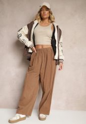 Brązowe Bawełniane Spodnie High Waist o Szerokim Kroju Velili. Brązowe spodnie materiałowe damskie Renee, bez wzorów, z bawełny, eleganckie, z podwyższonym stanem. Za 119.99 zł.