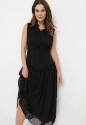 Czarna Sukienka Długa Rozkloszowana z Powlekanymi Guzikami Ingridesa. Czarne sukienki damskie Born2be, m, bez wzorów, bez kołnierzyka, bez ramiączek, maxi, rozkloszowane. Za 159.99 zł.
