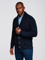 Sweter bawełniany męski kardigan z szalowym kołnierzem - granatowy V1 - Rozmiar: L. Niebieskie swetry męskie Ombre Clothing, l, bez wzorów, z bawełny, eleganckie, bez kołnierzyka, bez ramiączek. W wyprzedaży za 155.99 zł.