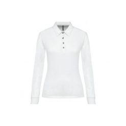 Damska koszulka polo z długim rękawem Kariban. Białe bluzki damskie KARIBAN, bez wzorów, z bawełny, eleganckie, bez kołnierzyka, bez ramiączek. Za 134.00 zł.