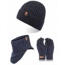 Komplet zimowy Brødrene czapka komin rękawiczki 103145 granatowy. Niebieskie rękawiczki męskie na zimę, bez wzorów, z dzianiny. Za 118.99 zł.
