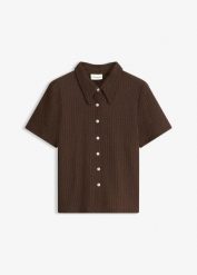 Bluzka koszulowa w strukturalny wzór. Brązowe bluzki damskie bonprix, bez wzorów, eleganckie, bez kołnierzyka, bez ramiączek. Za 64.99 zł.