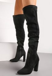 Czarne Dopasowane Kozaki za Kolano na Słupku Bellami. Czarne kozaki damskie Renee, bez wzorów, za kolano, bez obcasa, na obcasie, bez zapięcia. Za 159.99 zł.