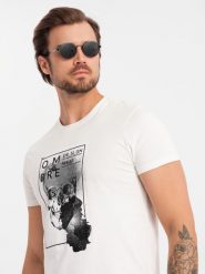 Bawełniana koszulka męska z czaszką – biała V2 OM-TSPT-0200 - XXL. Białe t-shirty męskie Ombre Clothing, l, bez wzorów, z bawełny, bez kołnierzyka, bez ramiączek. W wyprzedaży za 29.99 zł.