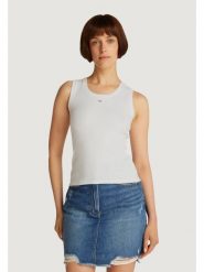 Tommy Jeans Top Essential DW0DW20673 Biały Slim Fit. Białe topy damskie Tommy Jeans, xxs, bez wzorów, z bawełny, bez kołnierzyka, bez ramiączek. Za 99.99 zł.