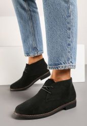 Czarne Sznurowane Botki z Imitacji Zamszu o Niskiej Cholewce Toriona. Czarne botki damskie Born2be, bez wzorów, z jeansu, eleganckie, przed kostkę, bez obcasa, na obcasie, bez zapięcia. Za 119.99 zł.