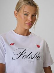 4F Koszulka kibica damska - biała XS. Białe koszulki sportowe damskie 4F, xs, bez wzorów, z bawełny, bez ramiączek. Za 59.99 zł.