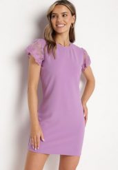 Fioletowa Dopasowana Sukienka z Koronkowym Rękawkiem Cidariana. Fioletowe sukienki damskie Born2be, na imprezę, m, bez wzorów, z koronki, eleganckie, bez kołnierzyka, bez ramiączek, mini, dopasowane. Za 64.99 zł.