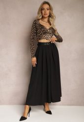 Czarna Rozkloszowana Spódnica z Szerokimi Plisami i Paskiem z Ekoskóry Awhisa. Czarne spódnice damskie Renee, m, bez wzorów, klasyczne, maxi, koszulowe. Za 169.99 zł.