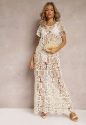 Beżowa Ażurowa Sukienka Plażowa z Bawełny Taymbeth. Brązowe sukienki damskie Renee, na co dzień, na lato, s, w ażurowe wzory, z bawełny, eleganckie, bez kołnierzyka, bez ramiączek, maxi. Za 129.99 zł.