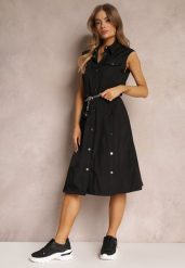 Czarna Sukienka za Kolano z Ozdobnym Paskiem Adarene. Czarne sukienki damskie Renee, l, bez wzorów, bez kołnierzyka, bez ramiączek. Za 229.99 zł.