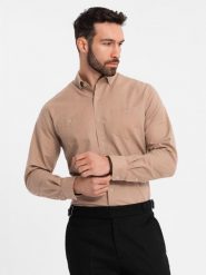 Koszula męska lniana z klasycznym kołnierzykiem i kieszeniami REGULAR FIT – jasnobrązowa V7 OM-SHCS-0134 - XXL. Brązowe koszule męskie Ombre Clothing, na lato, l, z aplikacjami, z bawełny, klasyczne, bez kołnierzyka, bez ramiączek. Za 131.99 zł.