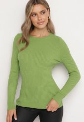 Jasnozielony Klasyczny Prążkowany Sweter Zinadre. Zielone swetry nierozpinane damskie Born2be, m, bez wzorów, z jeansu, eleganckie, bez kołnierzyka, bez ramiączek. Za 74.99 zł.