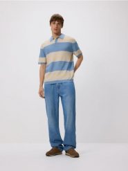 Sweter polo w paski - wielobarwny. Swetry męskie Reserved, l, bez wzorów, z bawełny, bez kołnierzyka, bez ramiączek. Za 119.99 zł.
