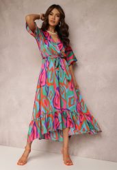 Zielono-Różowa Sukienka Telepholis. Zielone sukienki damskie Renee, na imprezę, l, bez wzorów, eleganckie, bez kołnierzyka, bez ramiączek, midi. Za 129.99 zł.
