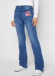 Dżinsy Bootcut, High Waist, z wygodnym paskiem. Niebieskie jeansy damskie bonprix, bez wzorów, z jeansu, z podwyższonym stanem. Za 142.99 zł.