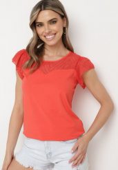 Czerwony Bawełniany T-shirt Bluzka z Przezroczystymi Rękawami i Dekoltem Lavinara. Czerwone bluzki damskie Born2be, l, bez wzorów, z bawełny, bez kołnierzyka, bez ramiączek. Za 44.99 zł.