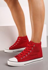 Czerwone Trampki z Wysoką Cholewką Ozdobione Perforacją Velagia. Czerwone trampki i tenisówki damskie Born2be, bez wzorów, przed kolano, bez zapięcia. Za 19.99 zł.