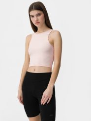 4F Crop top z wycięciem na plecach damski M. Brązowe topy damskie 4F, m, bez wzorów, z dzianiny, bez kołnierzyka, bez ramiączek. W wyprzedaży za 29.99 zł.