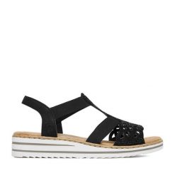 Sandały Rieker. Czarne sandały damskie Rieker, bez wzorów, bez obcasa, na koturnie, bez zapięcia. Za 319.99 zł.