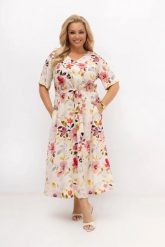 Sukienka midi lniano-bawełniana w kwiaty Florka z paskiem | PLUS SIZE OVERSIZE LATO. Czerwone sukienki damskie Moda Size Plus Iwanek, do pracy, na lato, plus size, bez wzorów, z bawełny, biznesowe, bez kołnierzyka, plus size, bez ramiączek, midi, dopasowane. Za 339.90 zł.