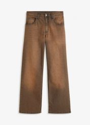 Jeansy wide leg, high waist, z efektem wytarcia w stylu vintage. Brązowe jeansy damskie bonprix, bez wzorów, z jeansu, vintage, z podwyższonym stanem. Za 147.99 zł.