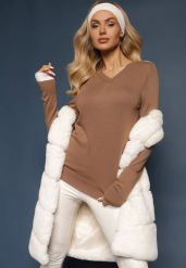Brązowy Sweter w Klasycznym Stylu z Dekoltem w Serek Feliriel. Brązowe swetry nierozpinane damskie Renee, m, z aplikacjami, z jeansu, biznesowe, bez kołnierzyka, bez ramiączek. Za 69.99 zł.