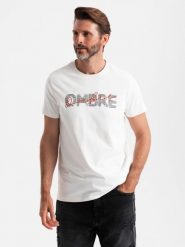 Bawełniany męski t-shirt z podwójnym printowanym logotypem – biały V1. Białe t-shirty męskie Ombre Clothing, m, bez wzorów, z bawełny, bez kołnierzyka, bez ramiączek. W wyprzedaży za 24.99 zł.