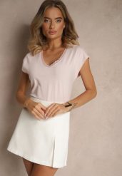 Jasnoróżowy T-shirt z Bawełny Ozdobiony Koronką Ralienne. Czerwone t-shirty damskie Renee, l, bez wzorów, z bawełny, bez kołnierzyka, bez ramiączek. Za 44.99 zł.