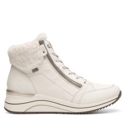 Trzewiki Remonte. Białe botki damskie Remonte, bez wzorów, bez obcasa, na koturnie, bez zapięcia. Za 367.00 zł.