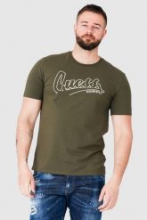 GUESS Oliwkowy t-shirt męski beachwear. Zielone t-shirty męskie Guess, m, z aplikacjami, bez kołnierzyka, bez ramiączek. W wyprzedaży za 109.99 zł.