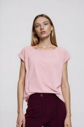 Gładki t-shirt różowy. Czerwone t-shirty damskie MOODO, l, bez wzorów, z bawełny, bez kołnierzyka, bez ramiączek. Za 39.99 zł.