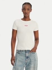 Guess Jeans T-Shirt W6GPZ3 KA0H1 Écru Slim Fit. Białe t-shirty damskie Guess Jeans, xxl, z aplikacjami, z bawełny, bez kołnierzyka, bez ramiączek. Za 101.99 zł.