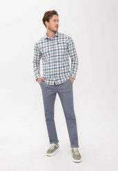 Spodnie typu chino, Slim Fit, R-FORBS. Niebieskie eleganckie spodnie męskie Volcano, bez wzorów, z bawełny. Za 169.99 zł.
