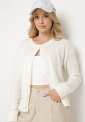 Biały Kardigan o Klasycznym Kroju z Okrągłym Dekoltem Renfira. Białe kardigany damskie Born2be, z aplikacjami, z jeansu, eleganckie, bez kołnierzyka. Za 159.99 zł.