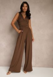 Brązowy Taliowany Kombinezon Wide Leg z Wiskozą Baniselia. Brązowe sukienki damskie Renee, na co dzień, l, bez wzorów, z jeansu, eleganckie, bez kołnierzyka, bez ramiączek. Za 179.99 zł.