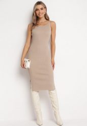 Beżowa Dopasowana Midi Sukienka na Ramiączkach z Cyrkoniami Navarra. Brązowe sukienki damskie Born2be, m, bez wzorów, z dzianiny, bez kołnierzyka, bez ramiączek, midi, dopasowane. Za 119.99 zł.
