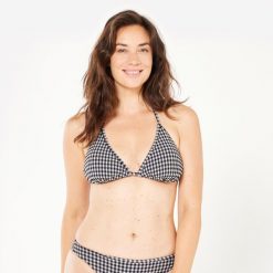Góra kostiumu kąpielowego surfingowego damska Olaian Mae Vichy teksturowana. Czarne bikini OLAIAN, bez wzorów, z elastanu. Za 59.99 zł.
