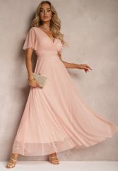 Różowa Siateczkowa Sukienka z Kopertowym Dekoltem Wiązana w Talii Niblea. Czerwone sukienki damskie Renee, na co dzień, m, bez wzorów, eleganckie, bez kołnierzyka, bez ramiączek, maxi, kopertowe. Za 89.99 zł.