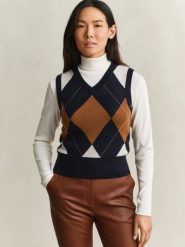 Gant Sweter bez rękawów z wełny merynosowej Kobiety Wełna merino niebieski, M. Niebieskie swetry nierozpinane damskie GANT, m, bez wzorów, z wełny, bez kołnierzyka, bez ramiączek. Za 799.95 zł.