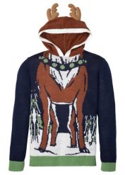 Sweter z kapturem i bożonarodzeniowym motywem, z poliestru z recyklingu. Niebieskie swetry męskie bonprix, m, bez wzorów, bez kołnierzyka, bez ramiączek. Za 169.99 zł.