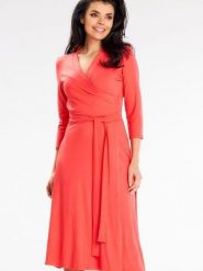 Sukienka Model A653 Coral - awama. Sukienki damskie Awama, na randkę, l, bez wzorów, z elastanu, bez kołnierzyka, plus size, bez ramiączek, midi, dopasowane. Za 356.58 zł.